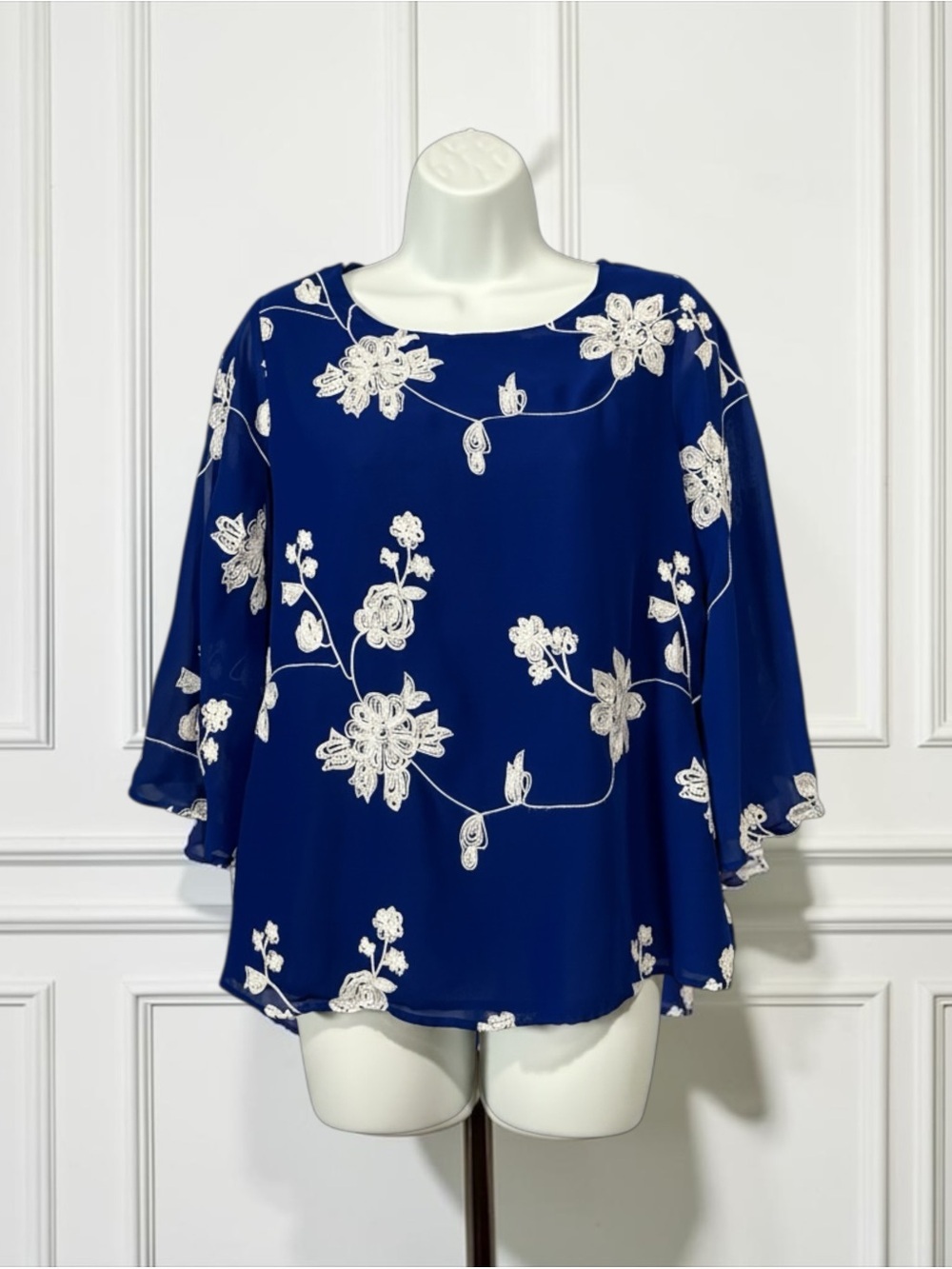 Melanie Lyne, Royal Blue Embroidered Chiffon Blouse, Size 6 Floral Overlay Top